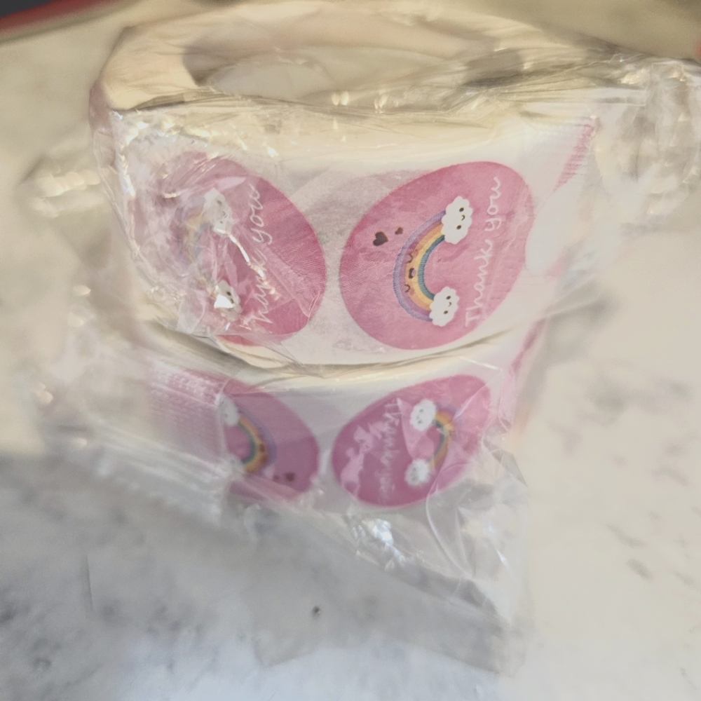 NI PACKAGE ROLL OF 300 THANKYOU STICKERS BLACK WITH  A COLOLFUL FORAL DESIGNS